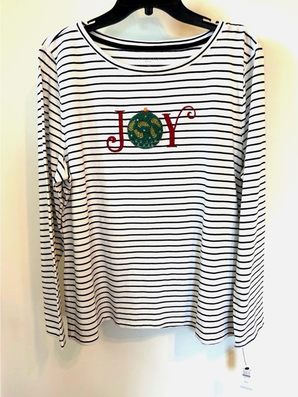 Talbots NWT Petite XL JOY Ornament Embroidered Stripe Christmas Top 100% Cotton